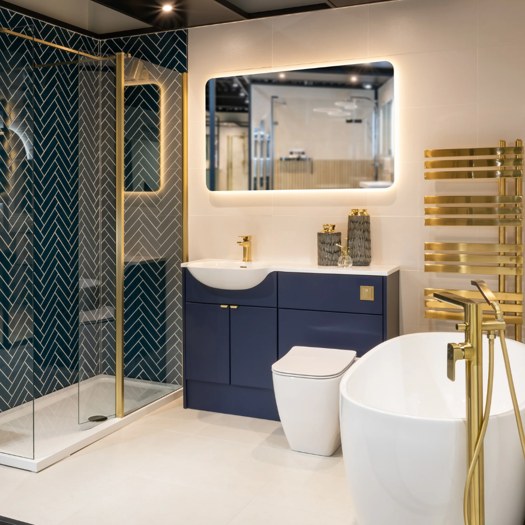 Modern bathroom showroom display at Carvers Interiors in Wolverhampton featuring fitted vanity units and walk-in shower.