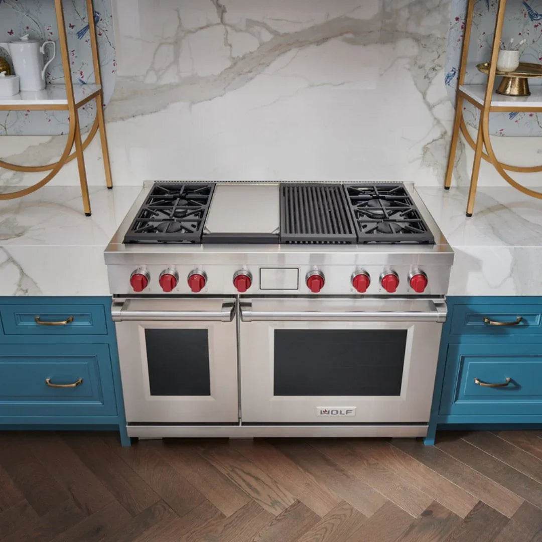 Wolf - Dual Fuel Range, 4 Burner, Chargrill & Griddle - Carvers Interiors - Cookers and Bathroom Showroom Wolverhampton