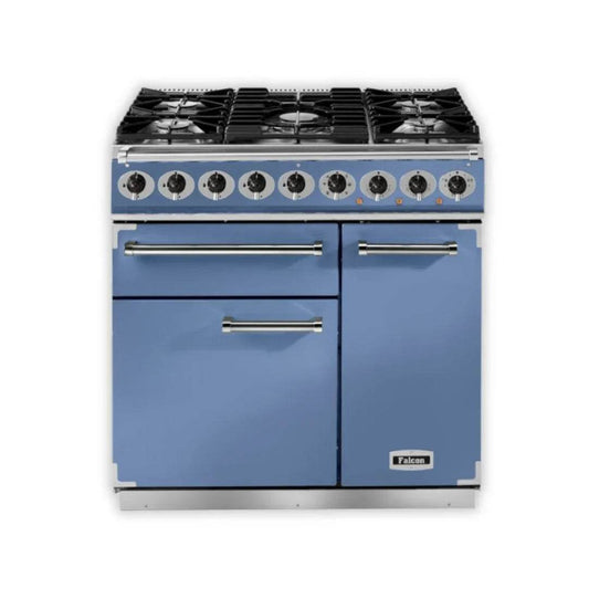 Ex-Display - Falcon Deluxe - 900mm - Dual Fuel Range Cooker - China Blue/Nickel - Carvers Interiors - Cookers and Bathroom Showroom Wolverhampton