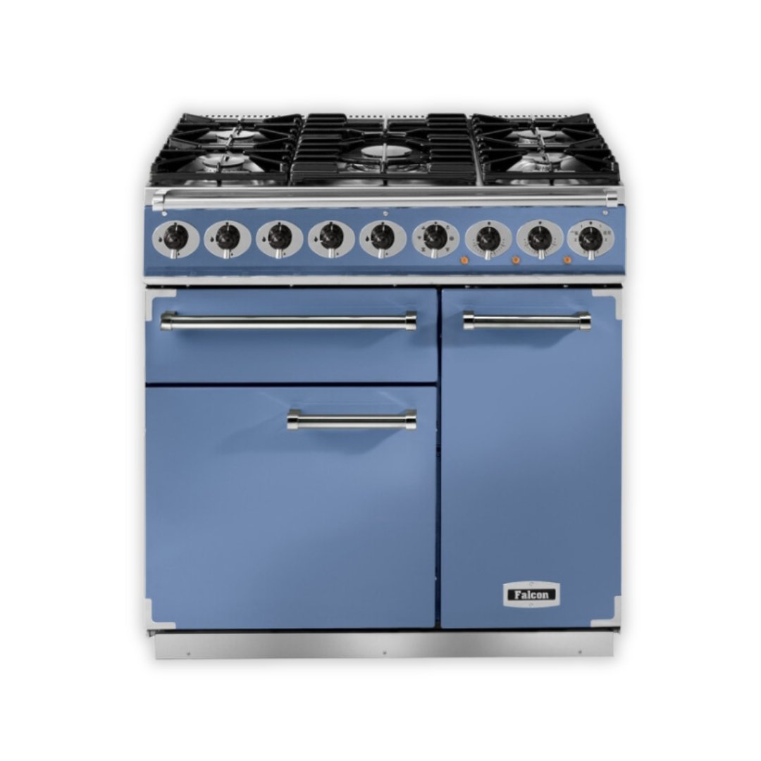 Falcon Deluxe - 900mm - Dual Fuel Range Cooker - China Blue/Chrome - Carvers Interiors - Carvers Interior