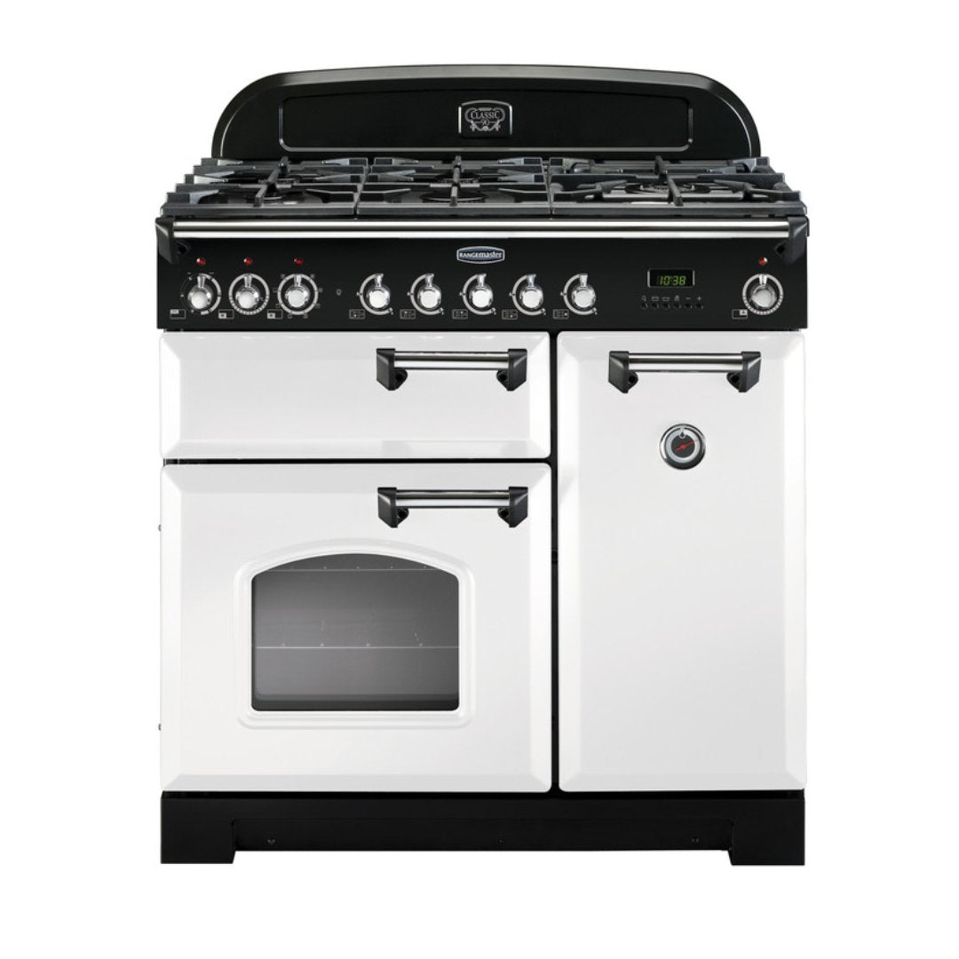 Rangemaster Classic Delux 90 cm Dual Fuel Range cooker - White - Available Now - Carvers Interiors - Carvers Interior