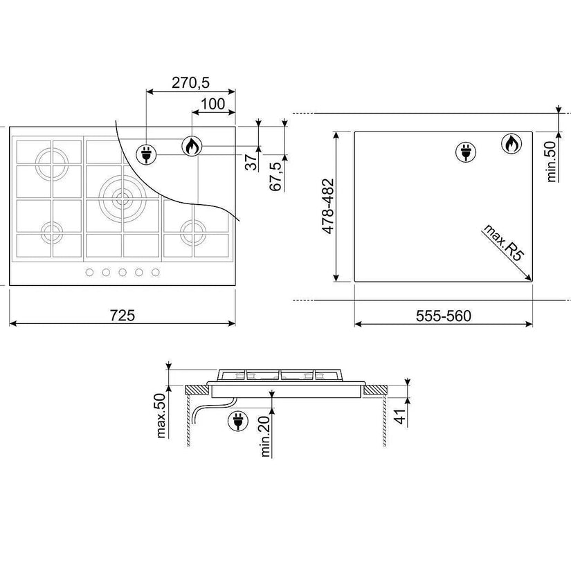 Smeg 70/75cm Classic Gas Hob, Matt Black - Carvers Interiors - Cookers and Bathroom Showroom Wolverhampton