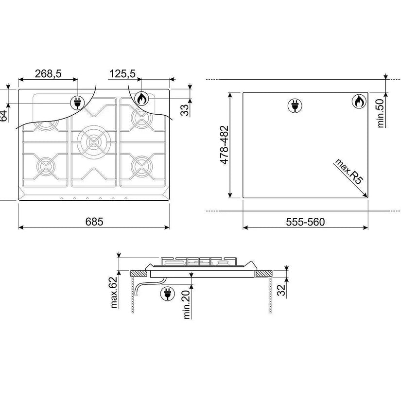 Smeg 70/75cm Contemporary Gas Hob - Carvers Interiors - Cookers and Bathroom Showroom Wolverhampton