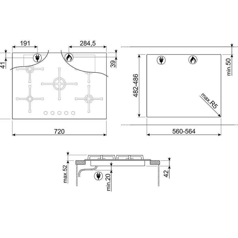 Smeg 70/75cm Cucina Gas Hob, Black - Carvers Interiors - Cookers and Bathroom Showroom Wolverhampton