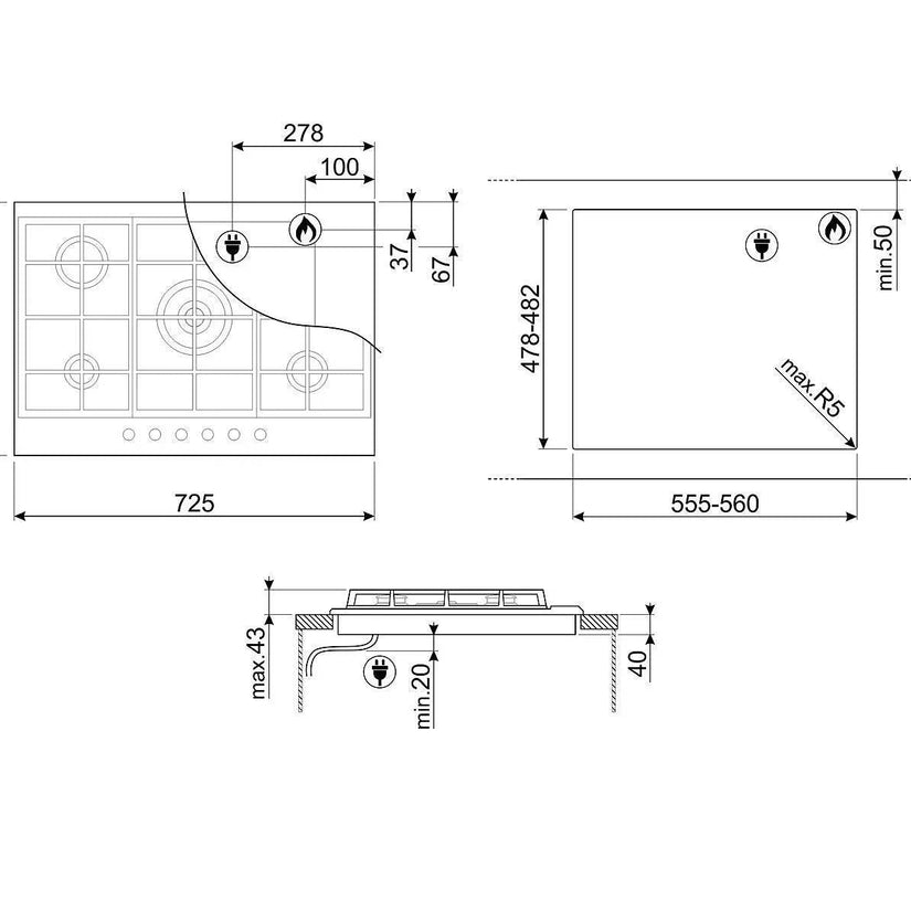 Smeg Cucina 70/75cm Gas Hob - Carvers Interiors - Cookers and Bathroom Showroom Wolverhampton